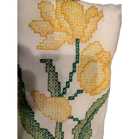 Cross Stitch Pillow Yellow Tulip Country Farmhouse Spring Easter Toss - Picture 5 of 5